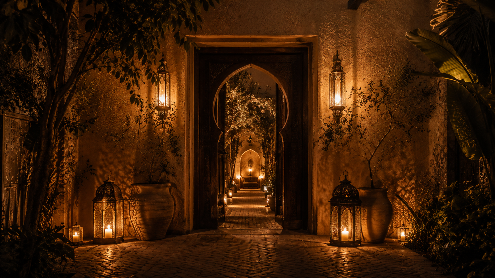 A lantern-lit Marrakech riad doorway at night
