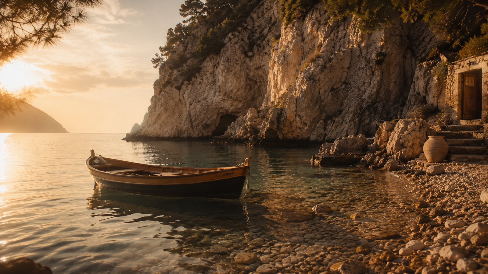 A wooden boat in a hidden Greek cove