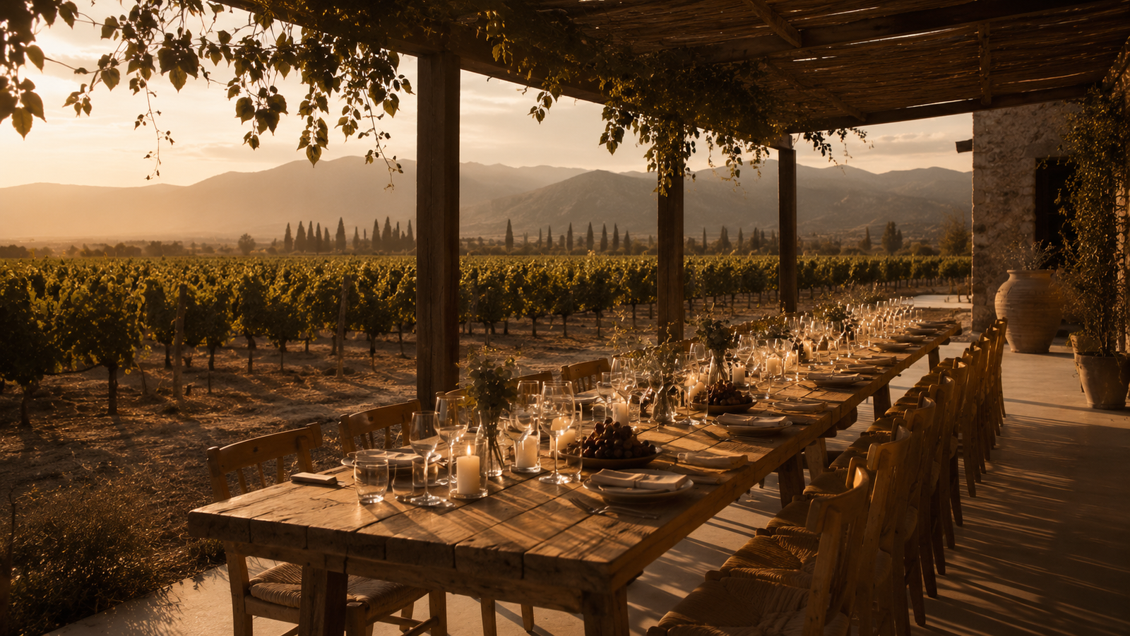 A long vineyard lunch table in Mendoza