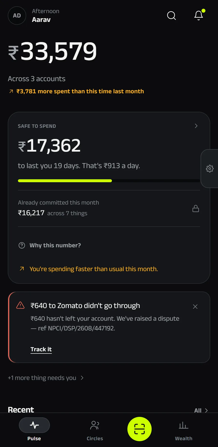 ANKA · the Pulse home screen showing a Safe to Spend daily figure