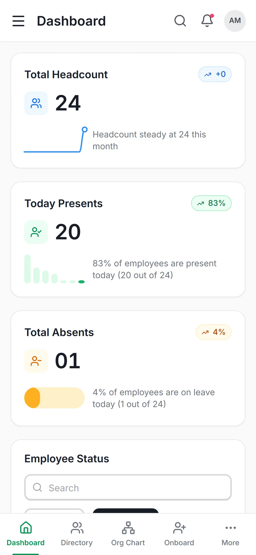Emplora on Android — dashboard with the five-item bottom tab bar