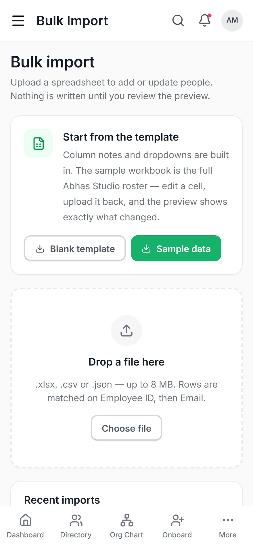 Bulk import on the phone — template, drop zone and batch history