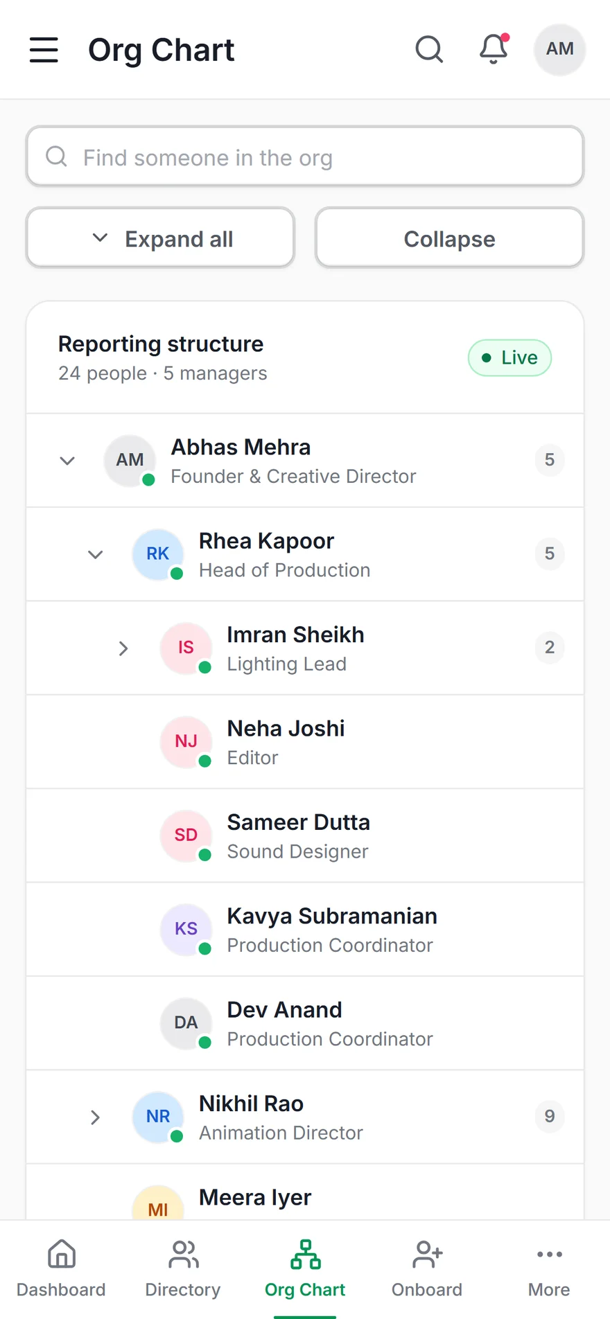 Org chart as an indented, expandable tree on the phone
