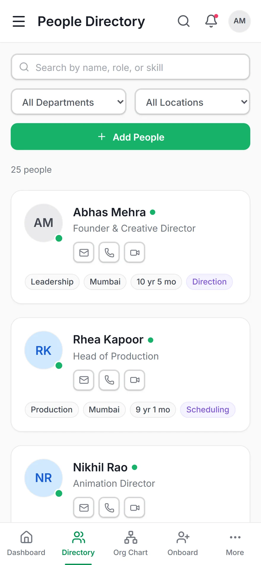 People directory as a card list rather than a scrolling table