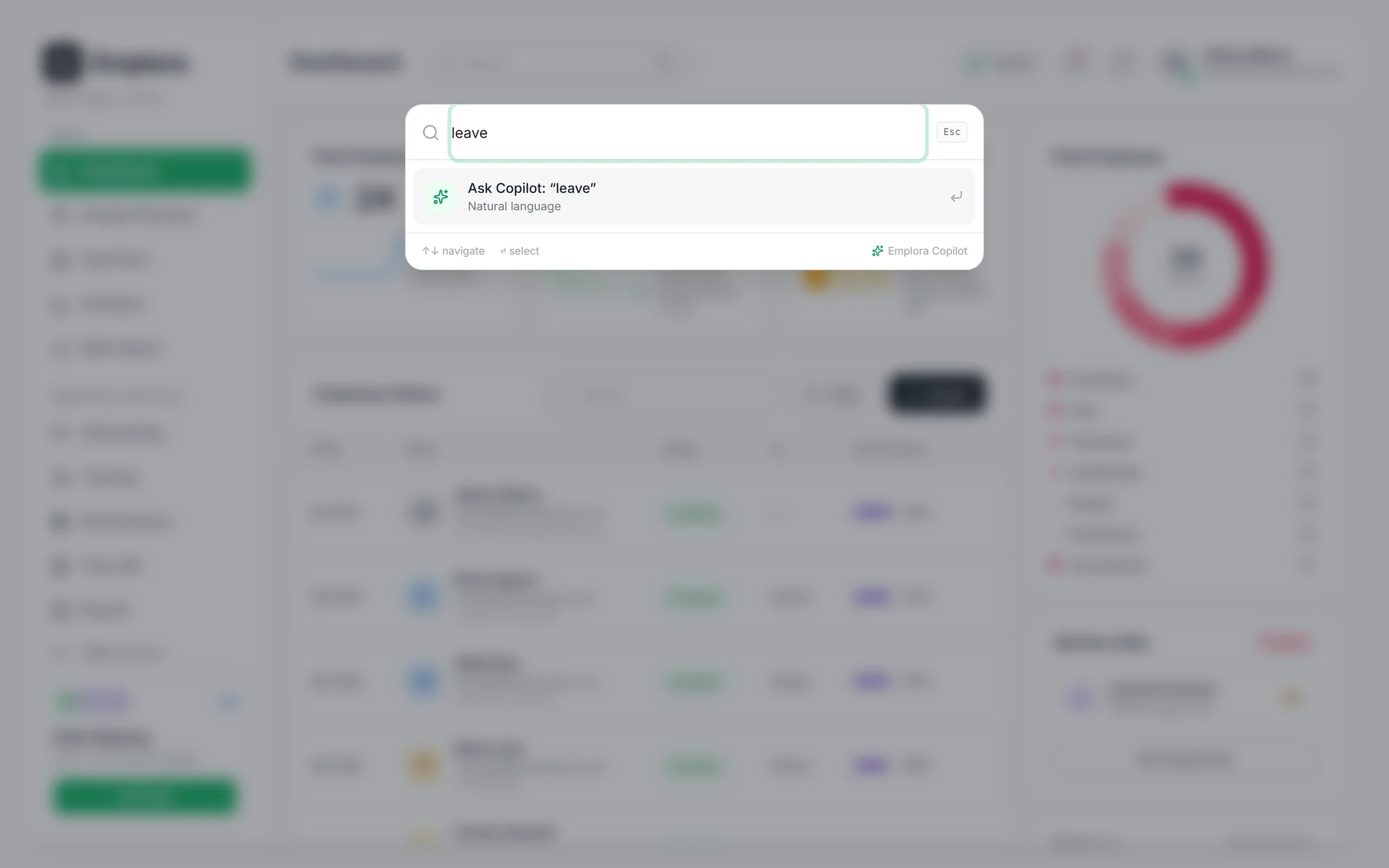 ⌘K command palette searching for leave, with an Ask Copilot fallthrough