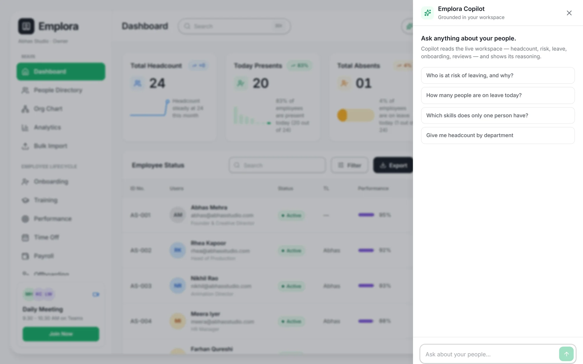 Emplora Copilot panel with suggested questions grounded in the workspace