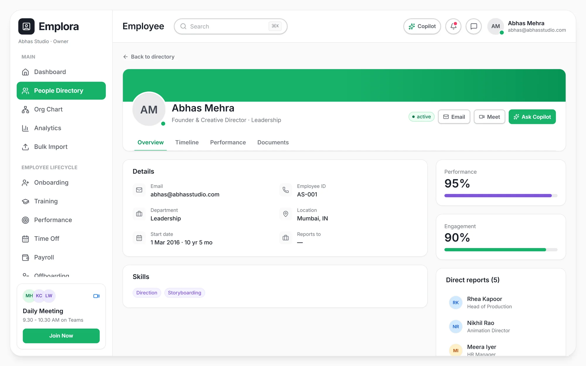 Employee record — details, skills, performance, engagement and direct reports