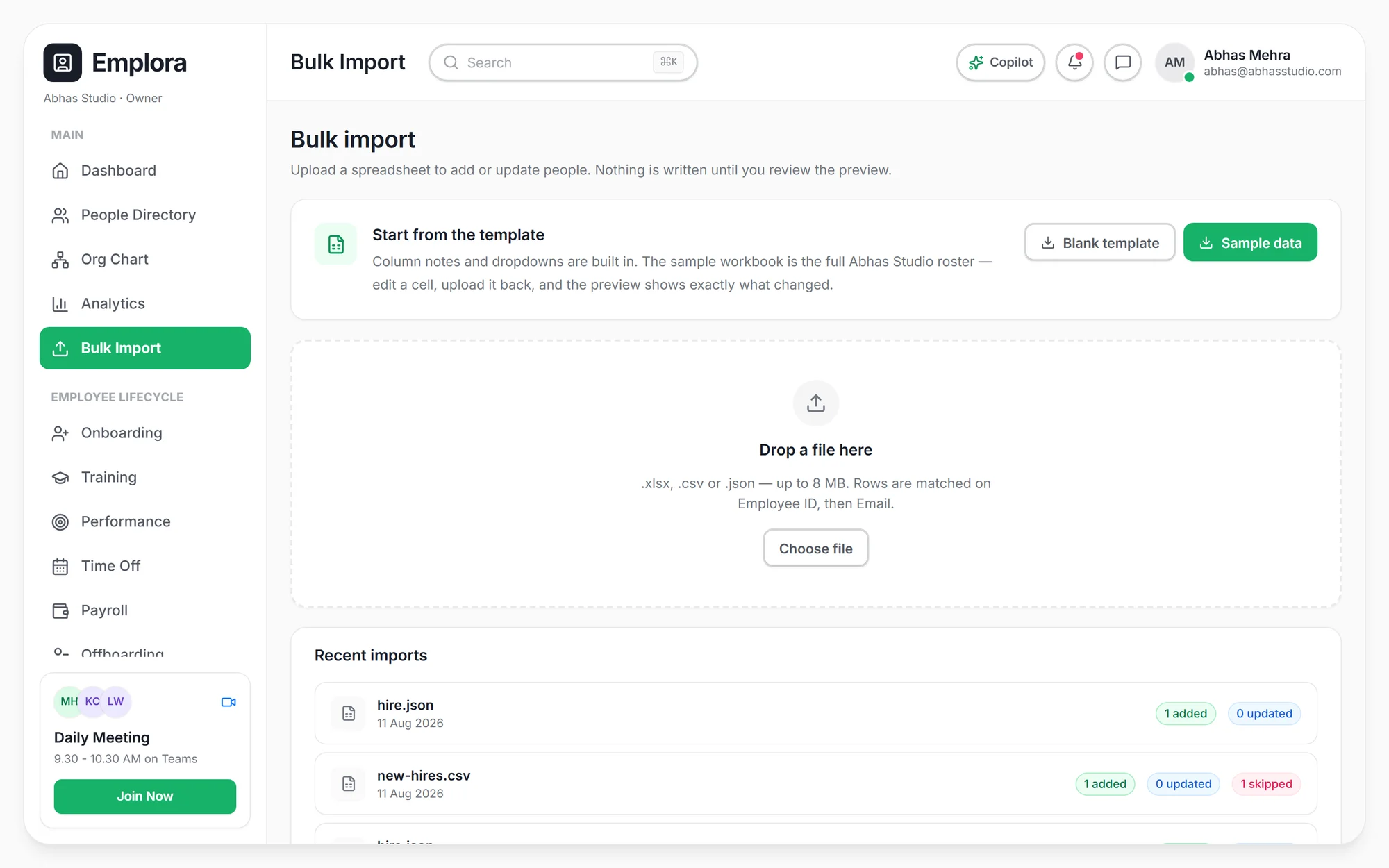 Bulk import — template download, drop zone and recent import history with added/updated/skipped counts