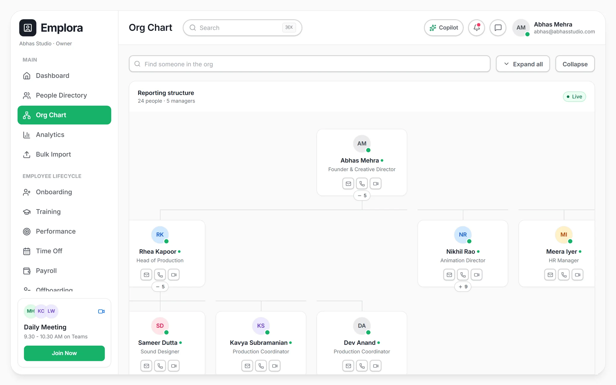 Interactive org chart, canvas view with search