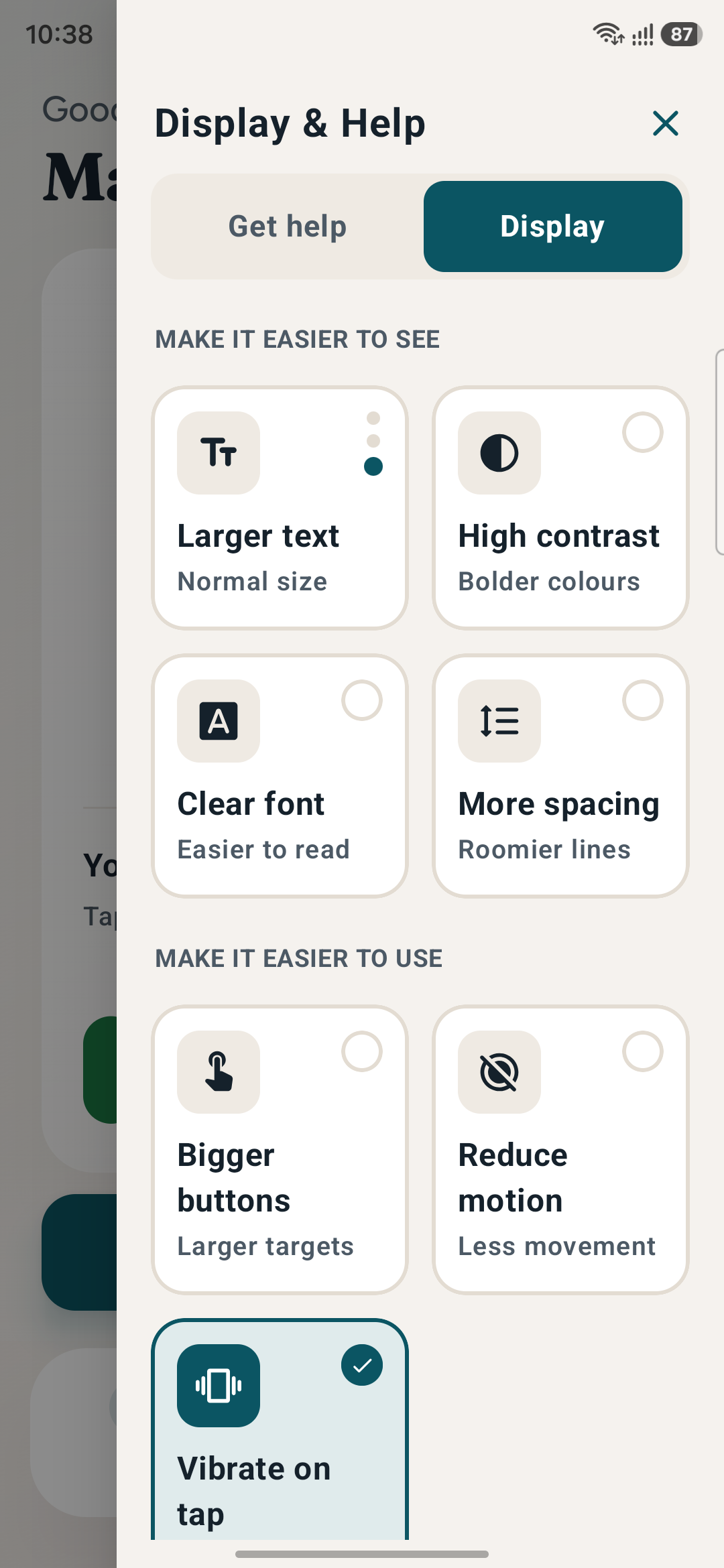 Display and accessibility panel