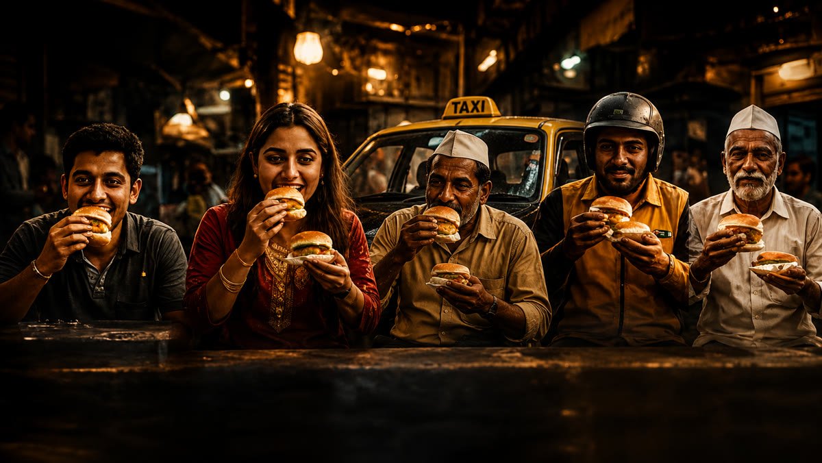सगळ्यांच्या हातात · five people holding vada pav