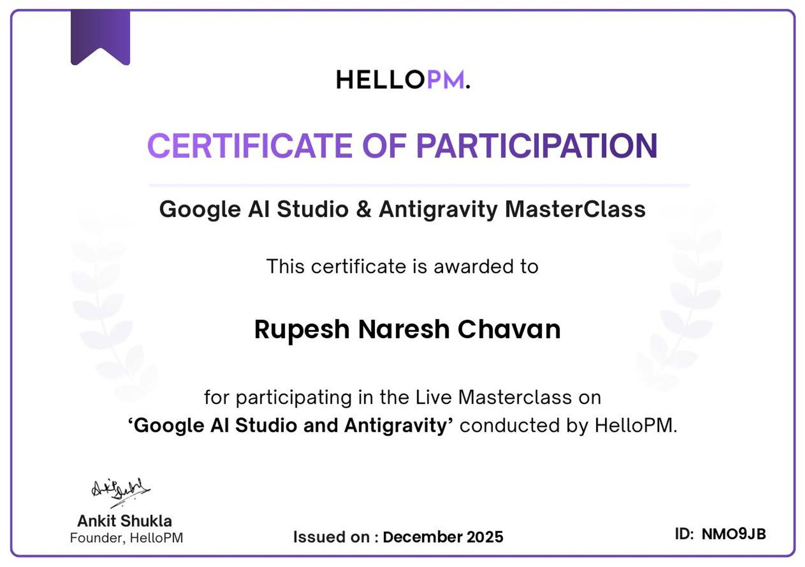 Google AI Studio & Antigravity Masterclass Certificate