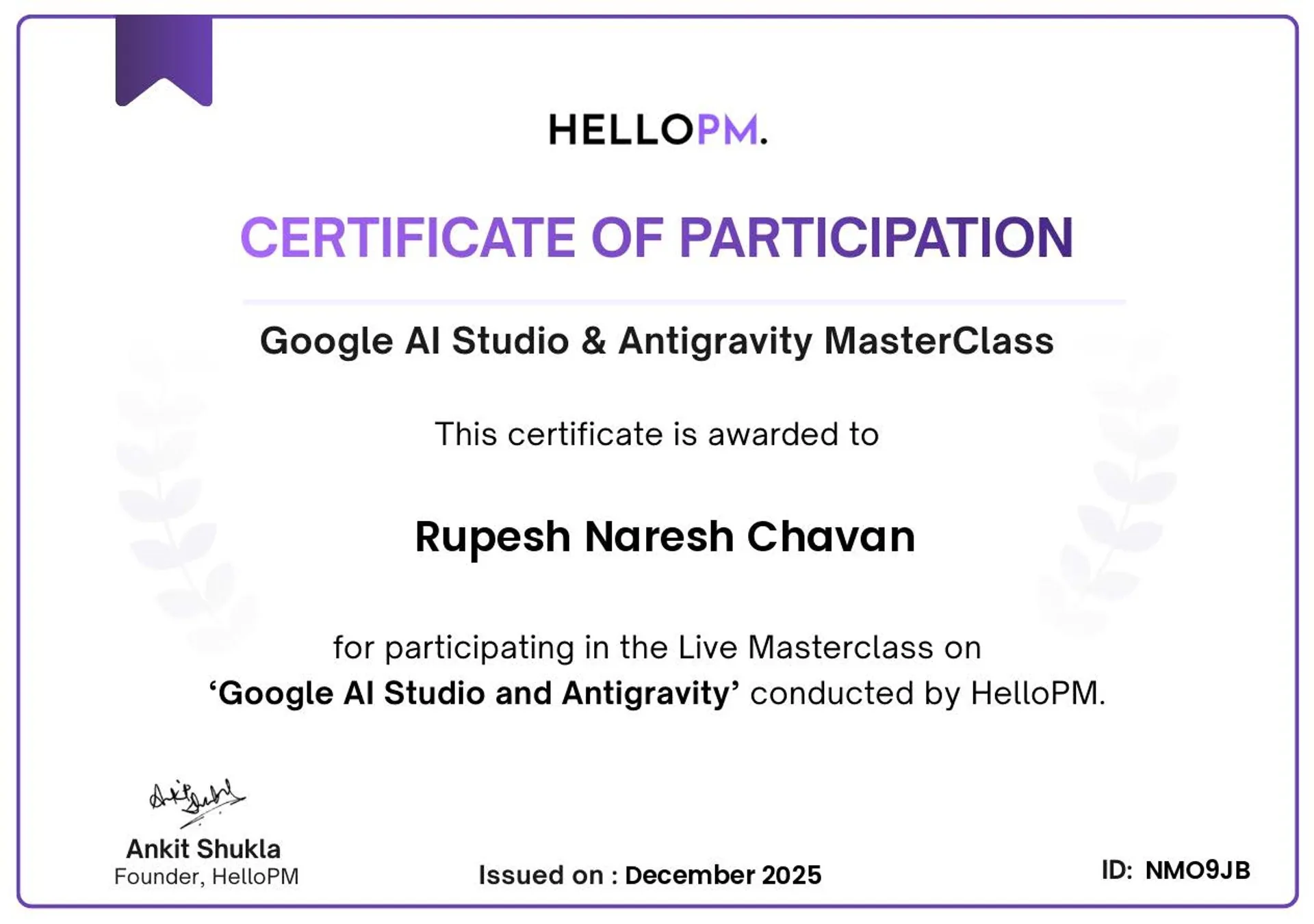 Google AI Studio & Antigravity Masterclass Certificate