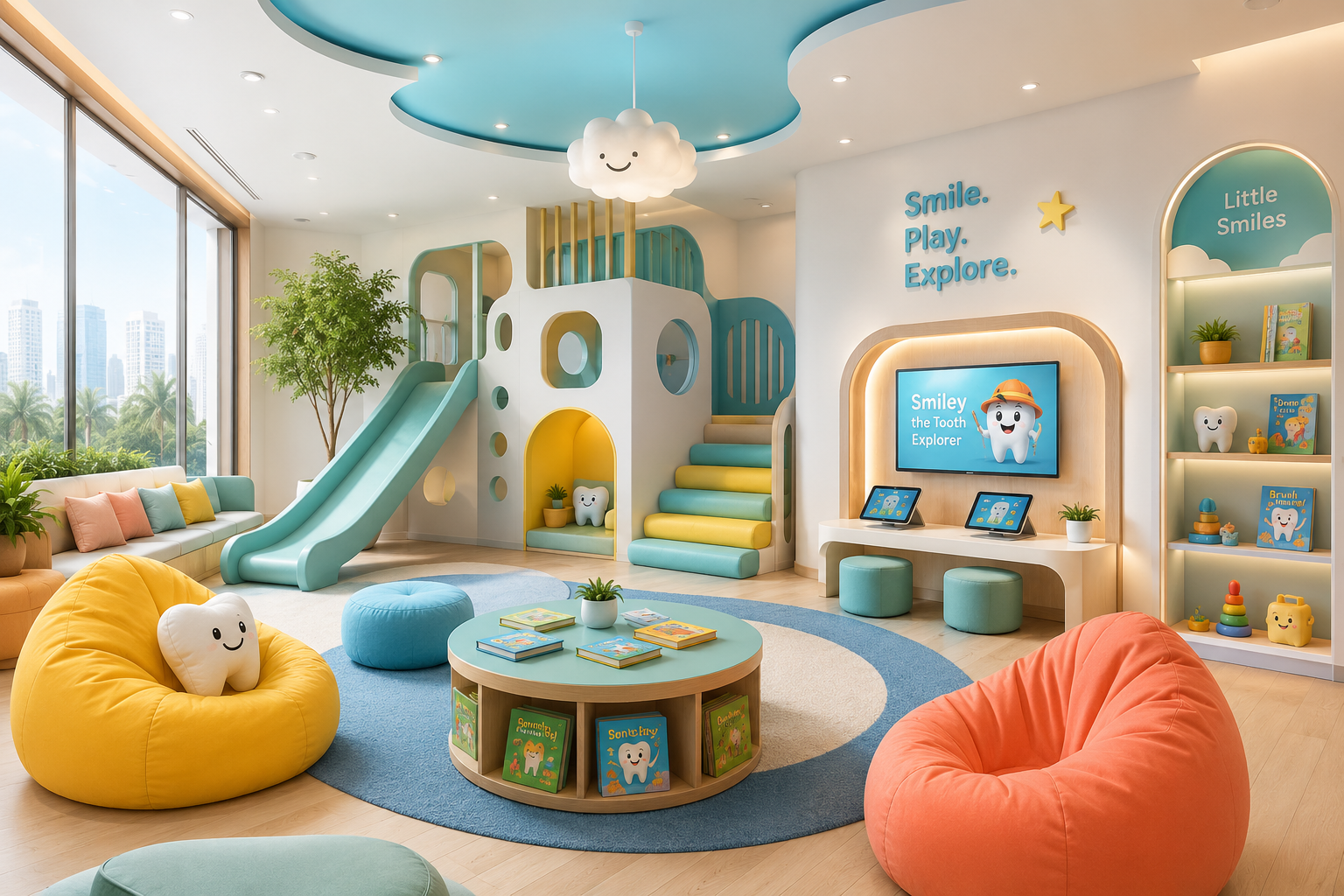 Wonder Smiles play lounge with a slide, bean bags and books